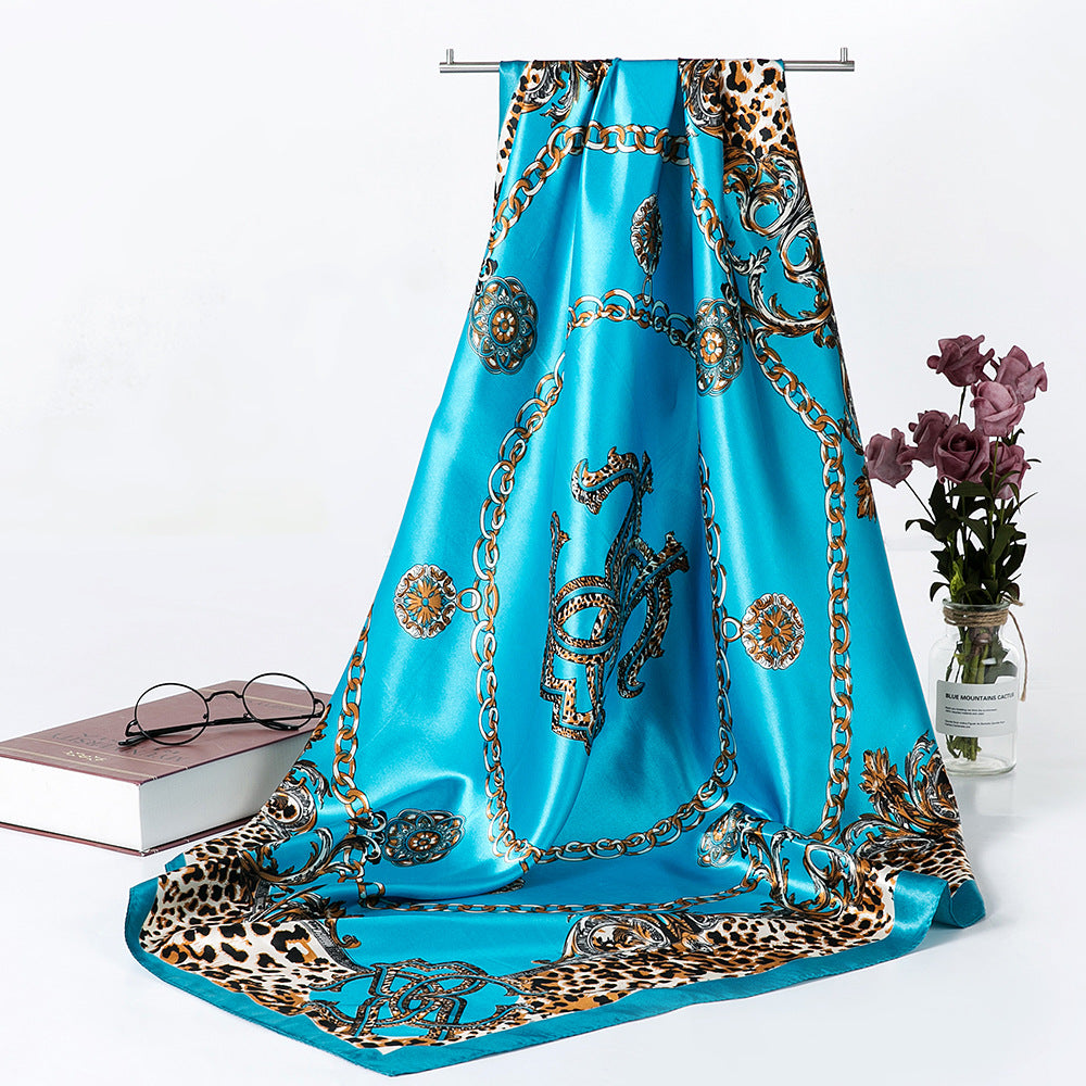 90 Ethnic Satin Large Square Scarf Headscarf Spring And Summer Oil Painting Scarf Sunscreen Shawl All-match Women's Silk Scarf Bag Belt