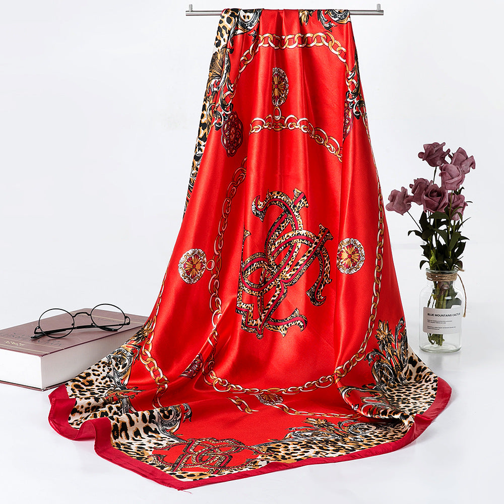 90 Ethnic Satin Large Square Scarf Headscarf Spring And Summer Oil Painting Scarf Sunscreen Shawl All-match Women's Silk Scarf Bag Belt