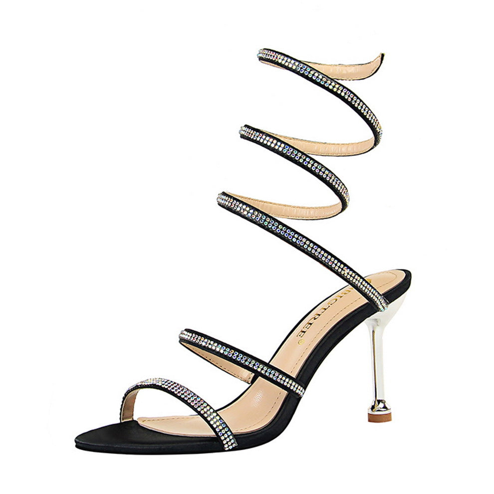 967-1 European And American Sexy Nightclub Banquet Women's Shoes Thin-heeled High-heeled Snake-shaped Winding Sandals With Rhinestones