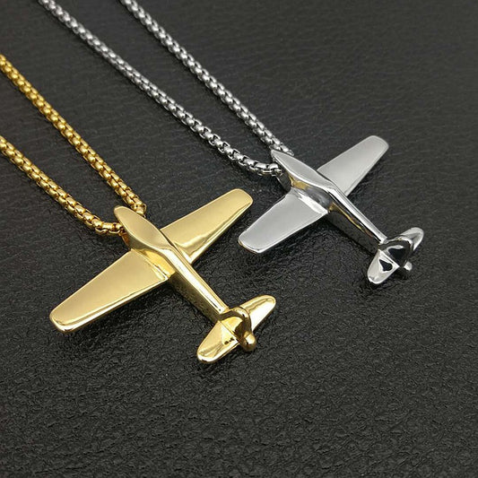 European And American Cross-border Explosions Hip-hop HIPHOP Jewelry Titanium Steel Gold Plated Plane Pendant Necklace