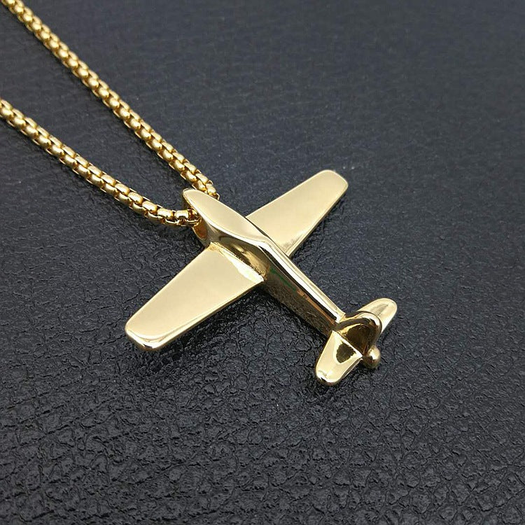 European And American Cross-border Explosions Hip-hop HIPHOP Jewelry Titanium Steel Gold Plated Plane Pendant Necklace