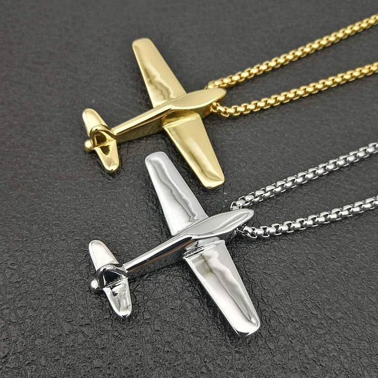 European And American Cross-border Explosions Hip-hop HIPHOP Jewelry Titanium Steel Gold Plated Plane Pendant Necklace