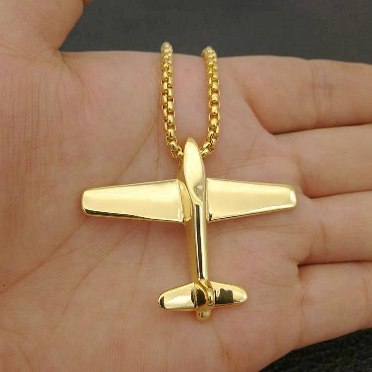 European And American Cross-border Explosions Hip-hop HIPHOP Jewelry Titanium Steel Gold Plated Plane Pendant Necklace