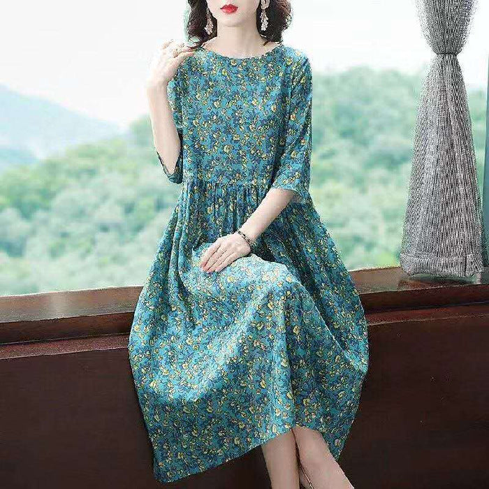 Floral Print Midi Dress Fashionable Summer Polyester Fiber Long Sleeve Round Neck A-Line Skirt Comfortable Casual Korean Style