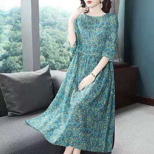 Floral Print Midi Dress Fashionable Summer Polyester Fiber Long Sleeve Round Neck A-Line Skirt Comfortable Casual Korean Style
