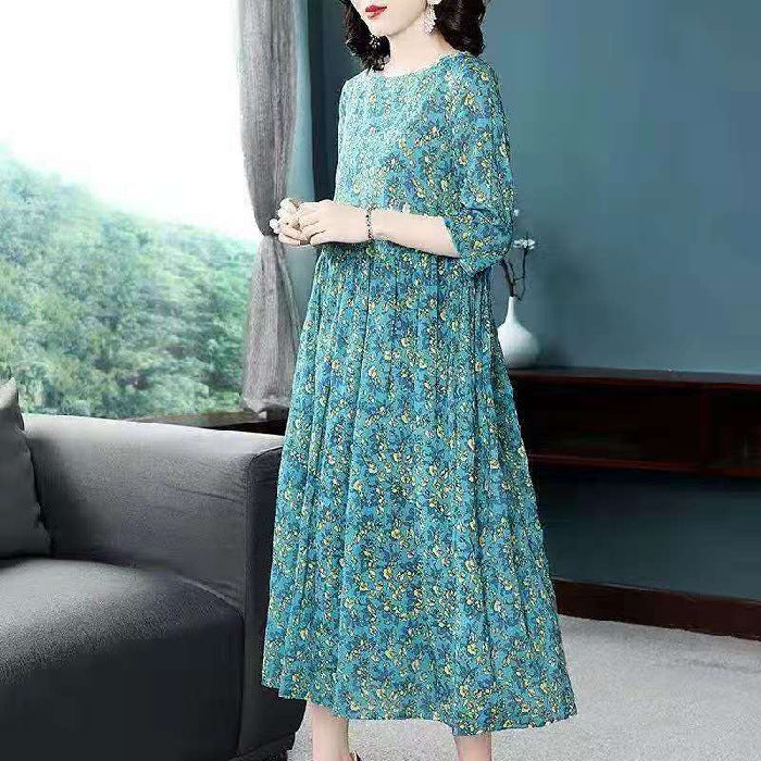 Floral Print Midi Dress Fashionable Summer Polyester Fiber Long Sleeve Round Neck A-Line Skirt Comfortable Casual Korean Style