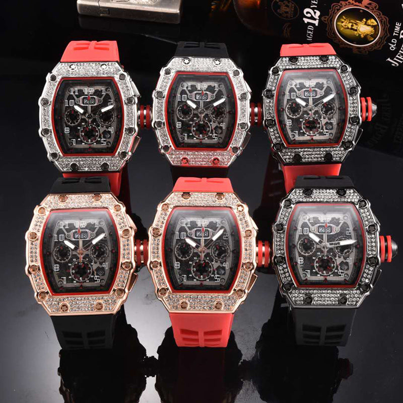 2020 New European And American Hollow Ghost Head Watch Diamond-encrusted Business Men's Watch Fashion Barrel-shaped Six-pin Quartz Watch