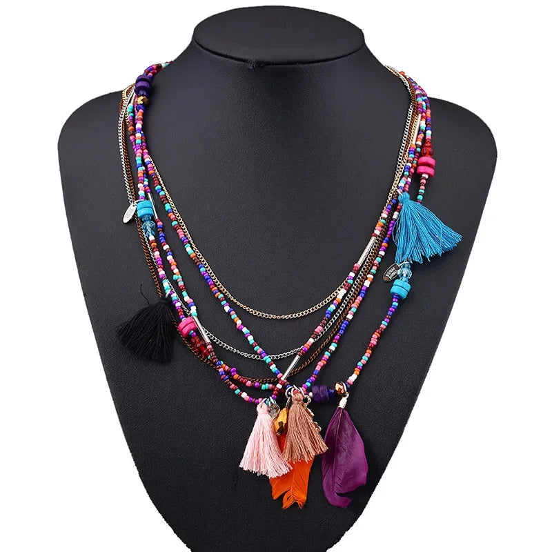 Bohemian Multi-layer Necklace Handmade Beaded Feather Small Tassel Sweater Chain Resin Rice Beads Travel Jewelry Wholesale