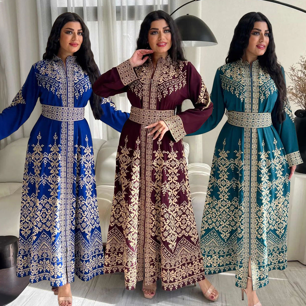 XQY500371 Jalabiya Arab Cross-border Dubai New Printed Zipper Robe Ethnic Style Dress