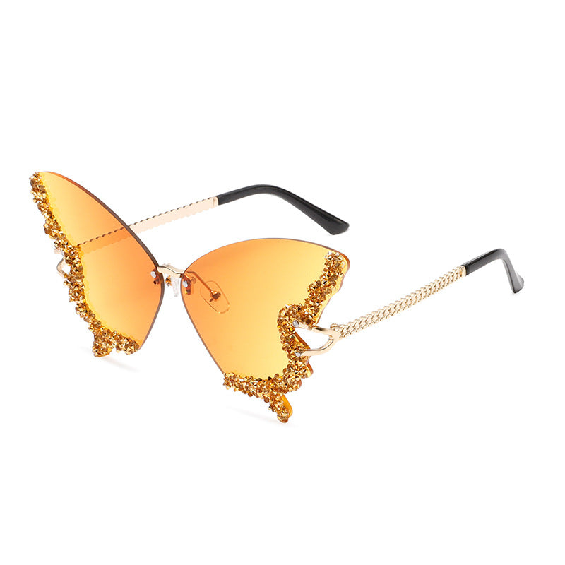 Cross-border New Butterfly Shape Diamond Rimless Sunglasses Women's Fashion Personality Exaggerated Sunglasses European And American Internet Red Broken Diamond