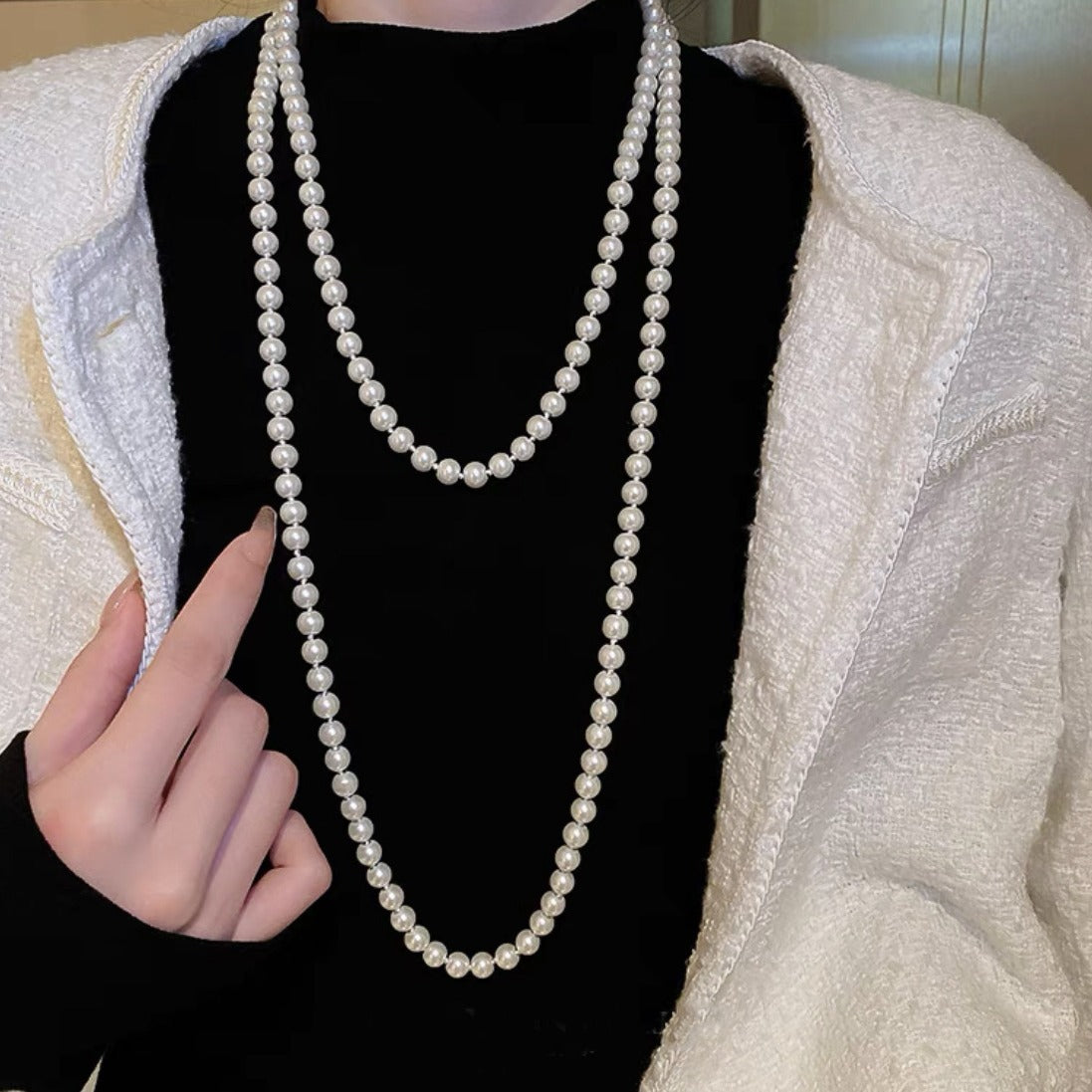 Shijiazu Stacked With Long Pearl Necklace Women's Light Luxury Temperament Sweater Chain Joker High Sense Autumn And Winter Necklace