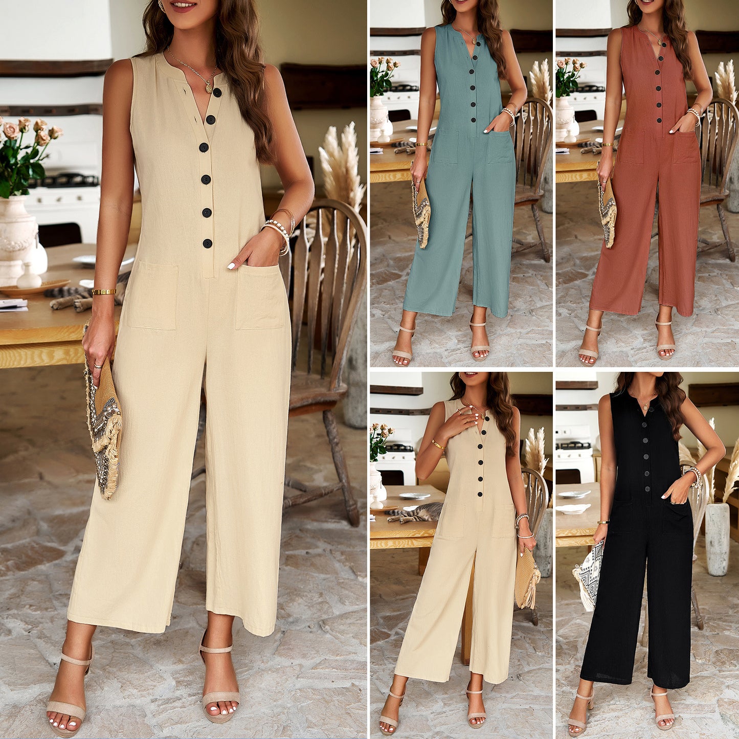 Diyun Temu Amazon Cross-border European And American Women's Clothing 2024 Spring And Summer Foreign Trade Elegant Solid Color One-piece Trousers