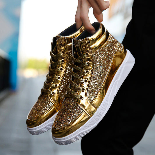 Cross-border Large Size Leather Boots Bright Personality Martin Boots Men's Casual Board Shoes High-top Stage Retro Gold Boots Wholesale