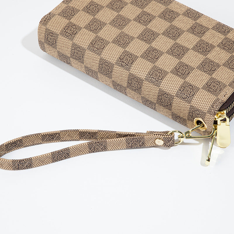 Wallet Women's 2025 New European And American Retro Fashionable Printed Checkerboard Large Capacity Clutch Bag Double Zipper Mobile Phone Bag