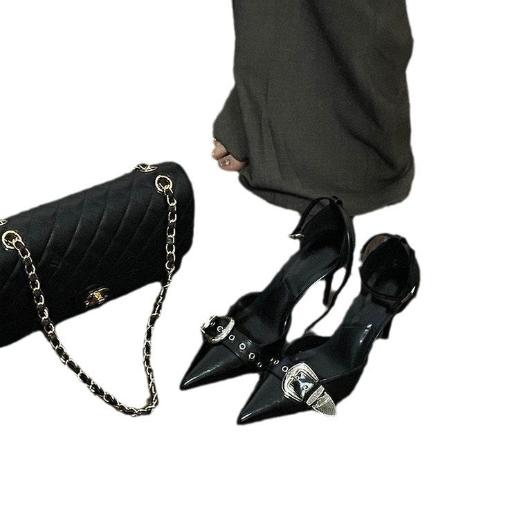 2024 Summer New Hollow Pointed Sandals Women's One Word Buckle Stiletto Heel High Heels Belt Buckle Women's Shoes Wholesale