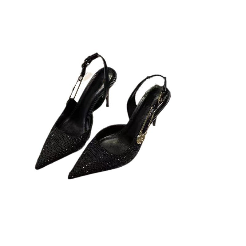 Black High Heels Women's 2024 Summer New Sexy Rhinestone Pointed One-character Buckle Belt Baotou Shallow Mouth Sandals Women