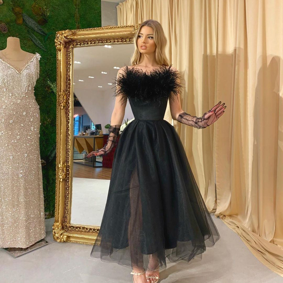 2022 Spring And Summer New European And American Foreign Trade Women's Clothing Amazon Independent Station Ebay Feather Strap Mesh Evening Dress