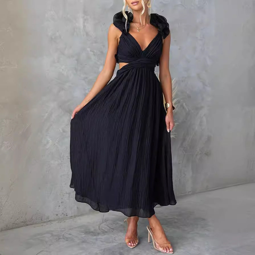 Cross-border Foreign Trade Independent Station 2024 New European And American Summer Sexy Sleeveless Solid Color Strap Pleated Skirt Dress Women