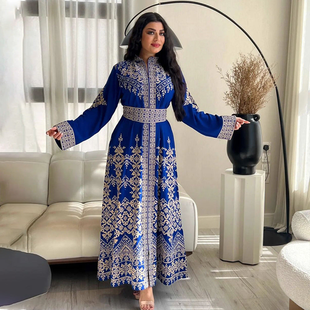 XQY500371 Jalabiya Arab Cross-border Dubai New Printed Zipper Robe Ethnic Style Dress