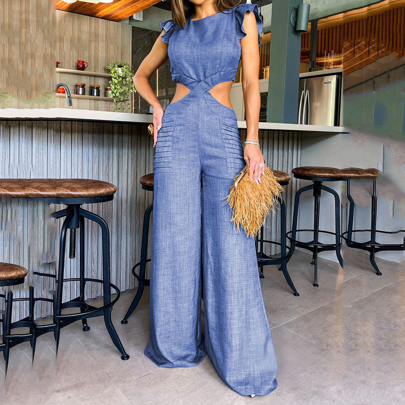 2024 Foreign Trade Cross-border Europe And America Amazon Summer New Round Neck Ruffled Loose Trousers