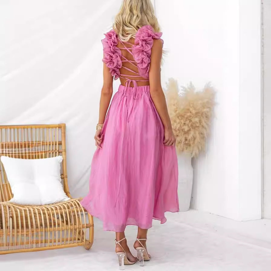 Cross-border Foreign Trade Independent Station 2024 New European And American Summer Sexy Sleeveless Solid Color Strap Pleated Skirt Dress Women
