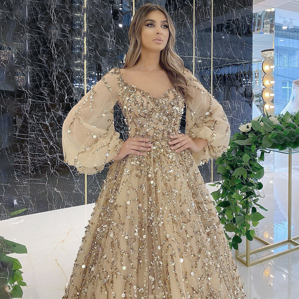 2024 Cross-border New Golden Heavy Industry Beaded Luxury Evening Dress Sexy Socialite Temperament Queen Dress DQ7109
