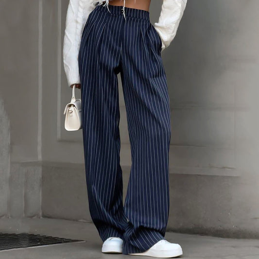Navy Blue Retro Striped Casual Wide-leg Pants 2023 European And American New Autumn Fashion Foreign Trade All-matching Suit Pants For Women