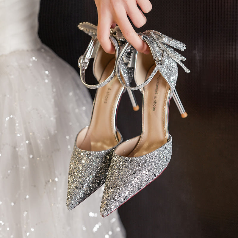 6692-8 European And American Adult Banquet Sequined Bow Elegant Socialite Fairy Buckle Closed Toe Women's High Heels