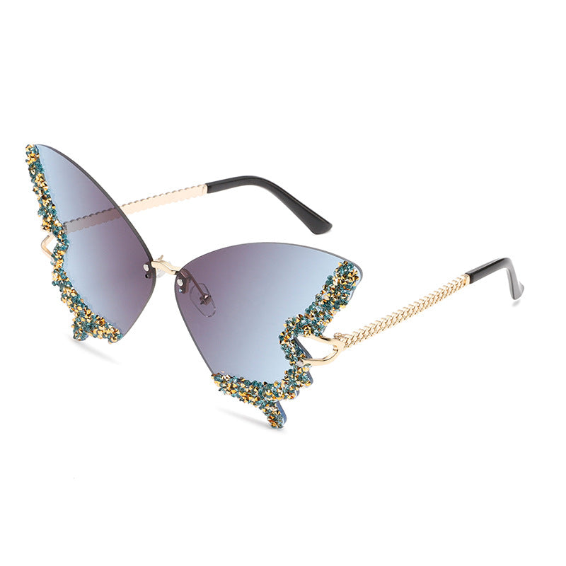 Cross-border New Butterfly Shape Diamond Rimless Sunglasses Women's Fashion Personality Exaggerated Sunglasses European And American Internet Red Broken Diamond