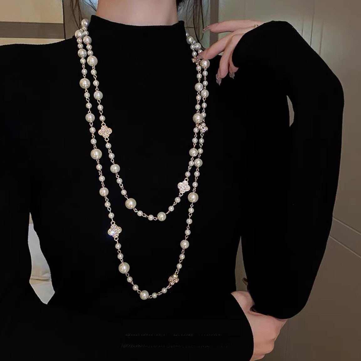 Shijiazu Stacked With Long Pearl Necklace Women's Light Luxury Temperament Sweater Chain Joker High Sense Autumn And Winter Necklace