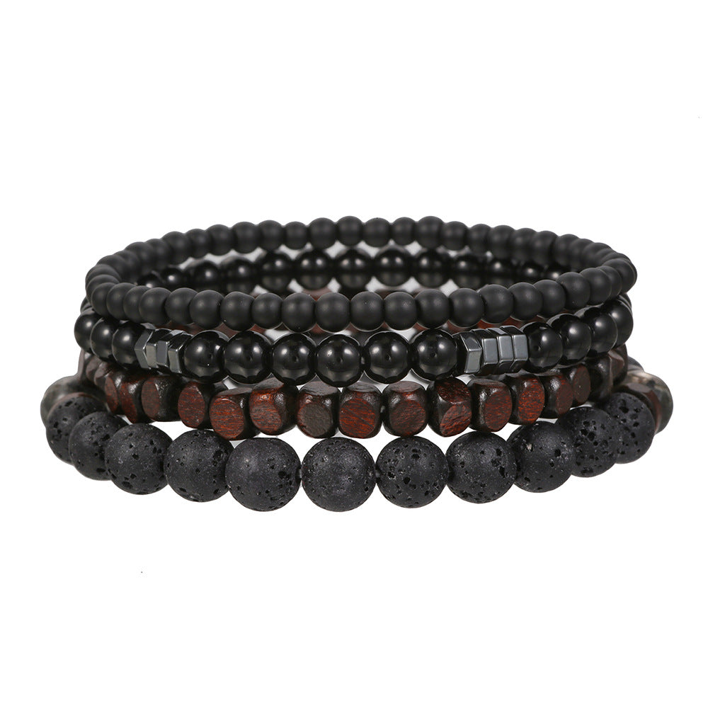 Volcanic Stone Black Frosted Black Gallstone Wooden Beads Bracelet Set Combination Hip-hop European And American Internet Red Style Elastic Bracelet Bracelet String