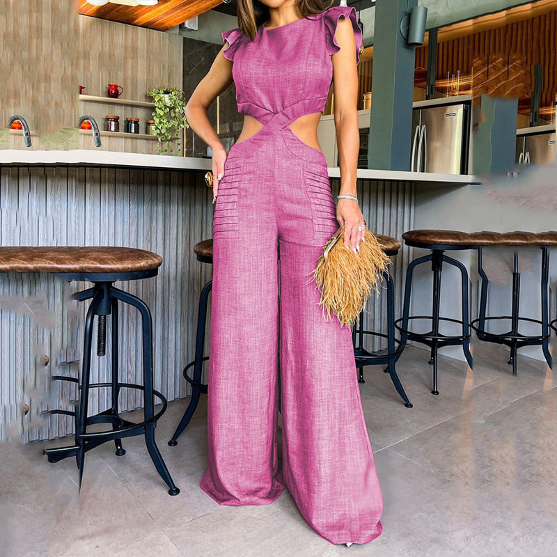 2024 Foreign Trade Cross-border Europe And America Amazon Summer New Round Neck Ruffled Loose Trousers