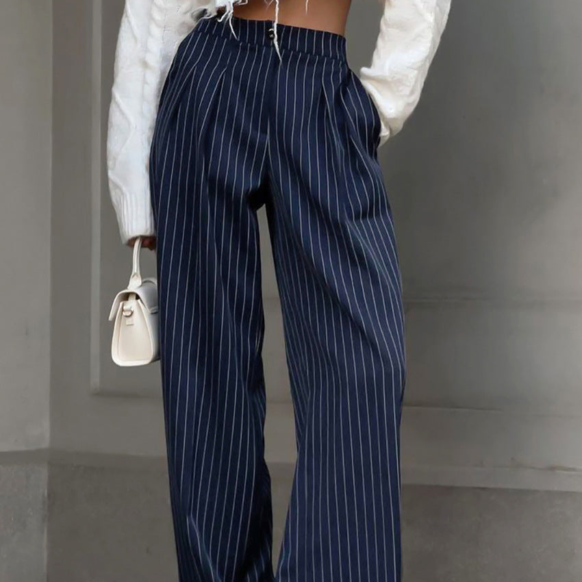 Navy Blue Retro Striped Casual Wide-leg Pants 2023 European And American New Autumn Fashion Foreign Trade All-matching Suit Pants For Women