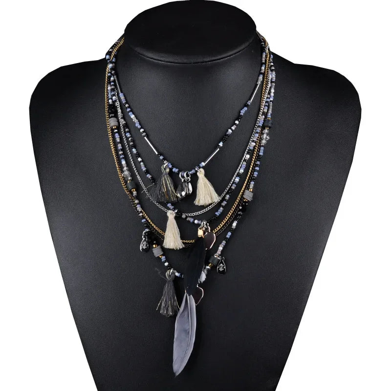Bohemian Multi-layer Necklace Handmade Beaded Feather Small Tassel Sweater Chain Resin Rice Beads Travel Jewelry Wholesale