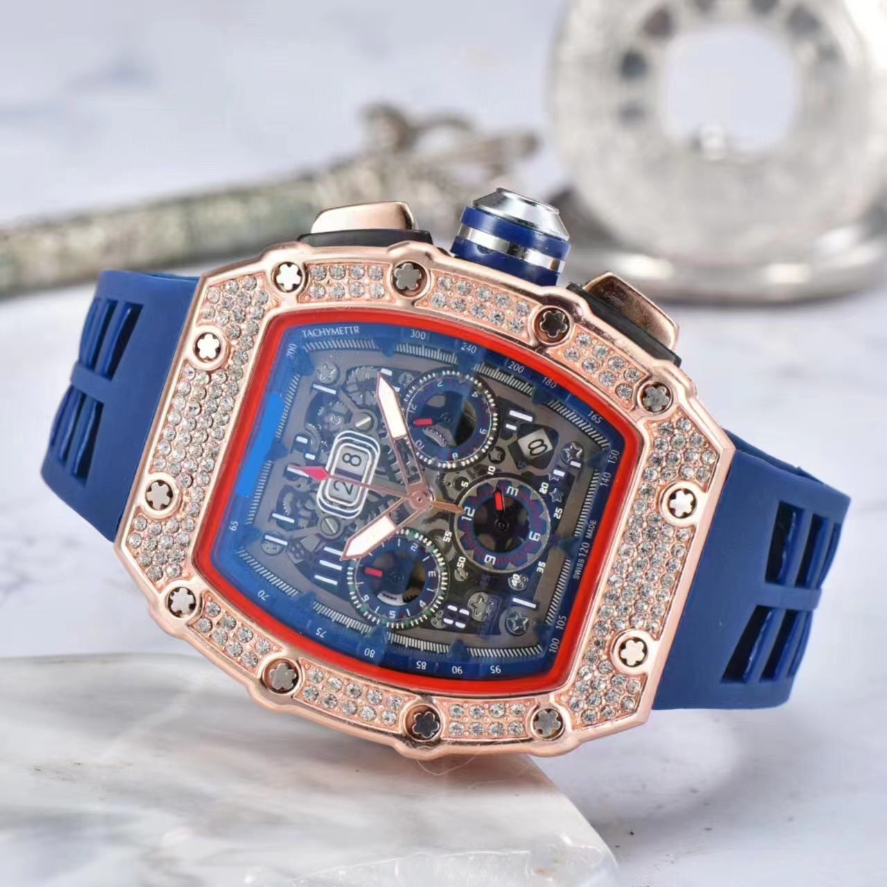 2020 New European And American Hollow Ghost Head Watch Diamond-encrusted Business Men's Watch Fashion Barrel-shaped Six-pin Quartz Watch