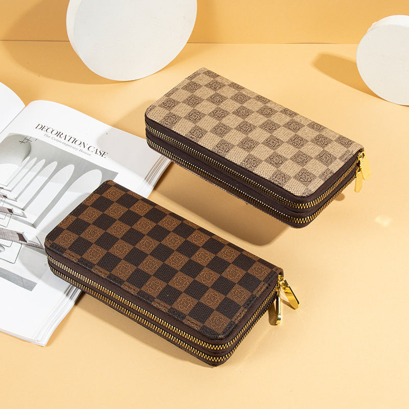 Wallet Women's 2025 New European And American Retro Fashionable Printed Checkerboard Large Capacity Clutch Bag Double Zipper Mobile Phone Bag