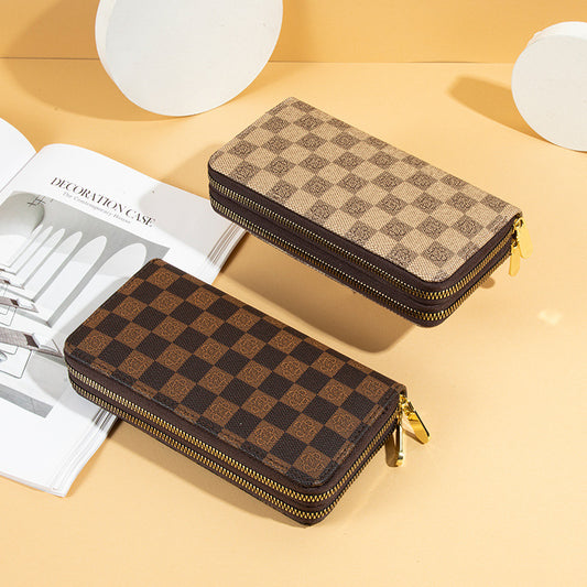 Wallet Women's 2025 New European And American Retro Fashionable Printed Checkerboard Large Capacity Clutch Bag Double Zipper Mobile Phone Bag