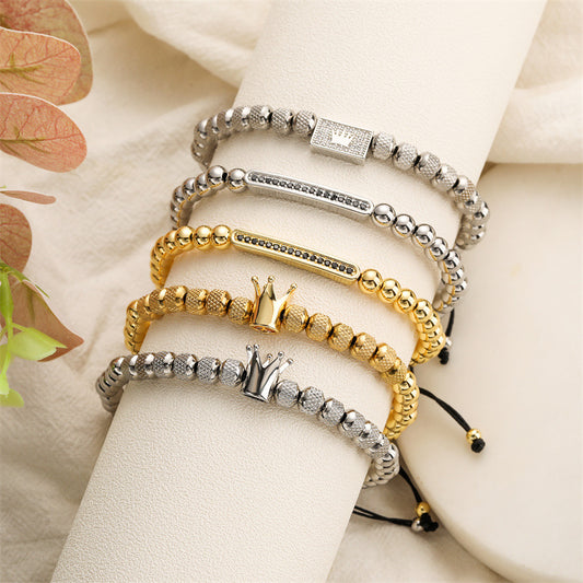European And American Retro Copper Crown Bracelet Stainless Steel Beaded Pineapple Beads Bracelet Men's And Women's Woven Adjustable Bracelet