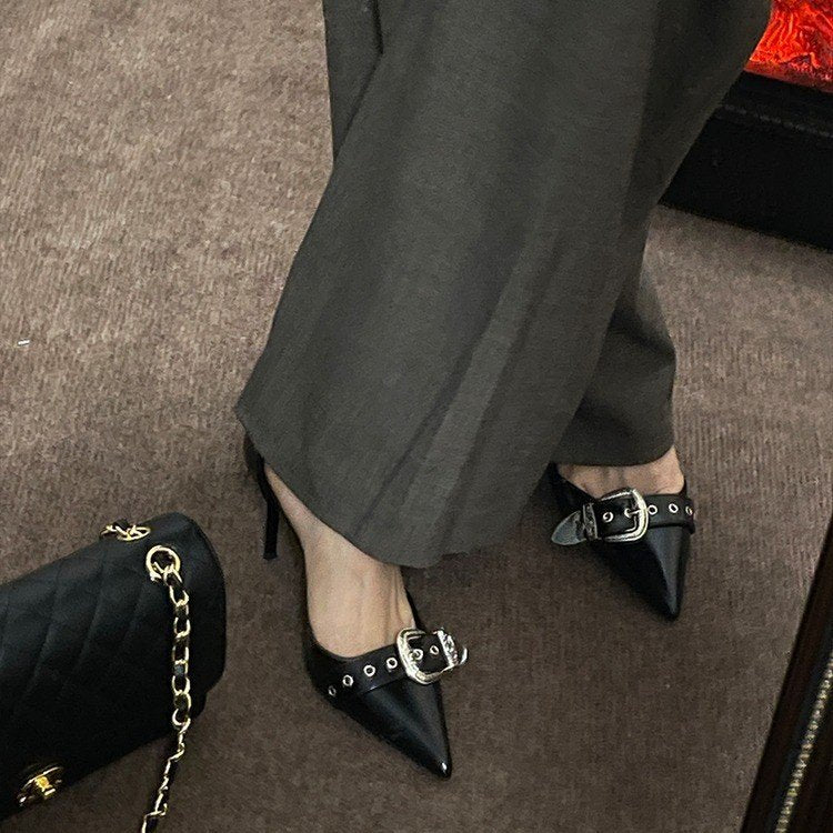 2024 Summer New Hollow Pointed Sandals Women's One Word Buckle Stiletto Heel High Heels Belt Buckle Women's Shoes Wholesale