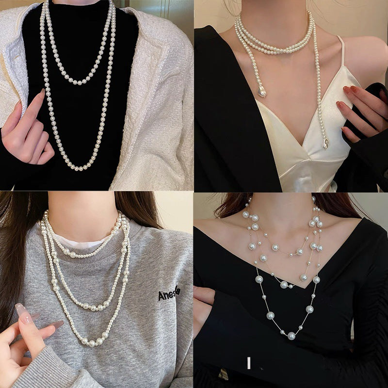 Shijiazu Stacked With Long Pearl Necklace Women's Light Luxury Temperament Sweater Chain Joker High Sense Autumn And Winter Necklace
