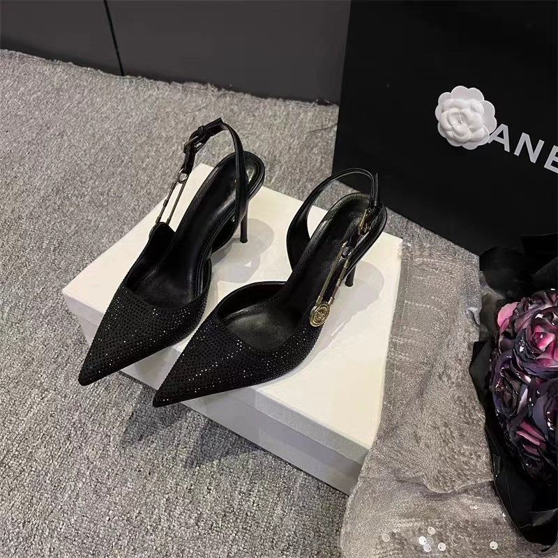 Black High Heels Women's 2024 Summer New Sexy Rhinestone Pointed One-character Buckle Belt Baotou Shallow Mouth Sandals Women