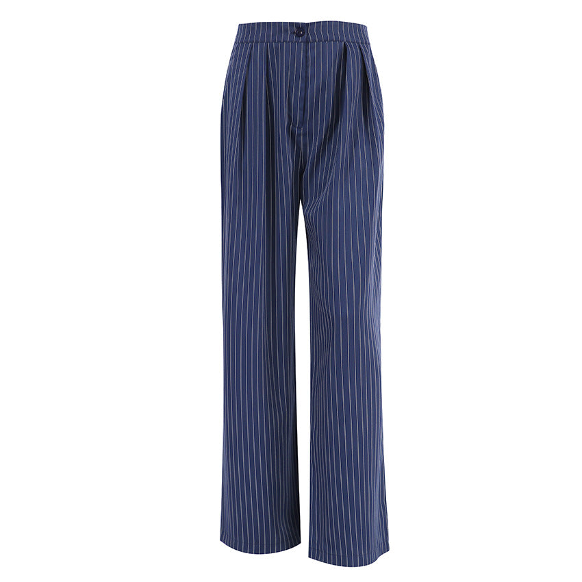 Navy Blue Retro Striped Casual Wide-leg Pants 2023 European And American New Autumn Fashion Foreign Trade All-matching Suit Pants For Women