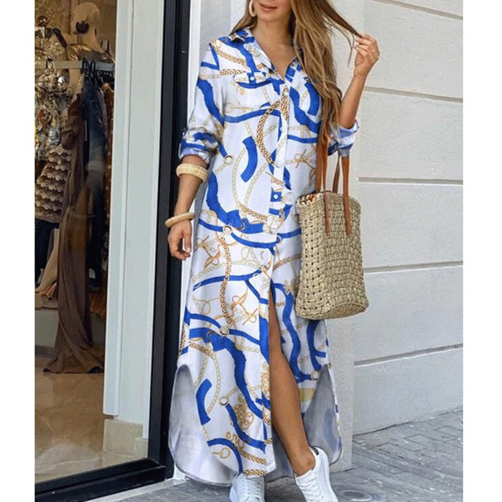 Cross-border Women's Clothing Amazon 2024 Europe And The United States Spring And Summer New Printed Long Sleeve Dress Fashion Sexy Shirt Skirt