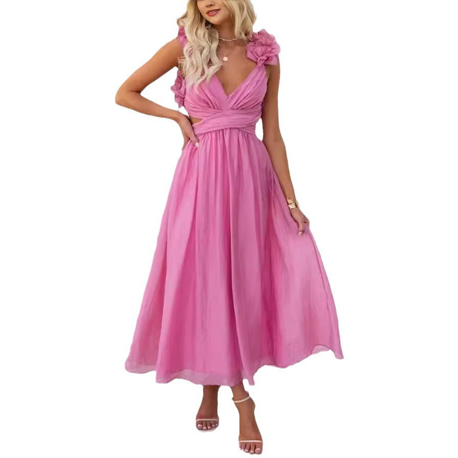 Cross-border Foreign Trade Independent Station 2024 New European And American Summer Sexy Sleeveless Solid Color Strap Pleated Skirt Dress Women
