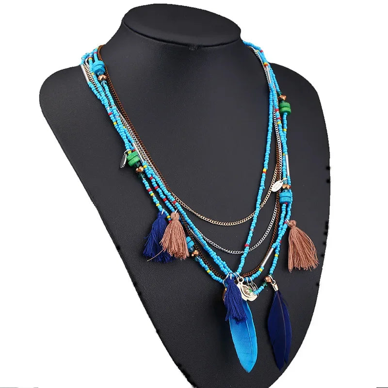 Bohemian Multi-layer Necklace Handmade Beaded Feather Small Tassel Sweater Chain Resin Rice Beads Travel Jewelry Wholesale