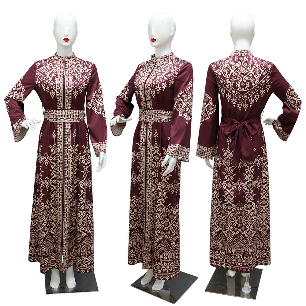 XQY500371 Jalabiya Arab Cross-border Dubai New Printed Zipper Robe Ethnic Style Dress