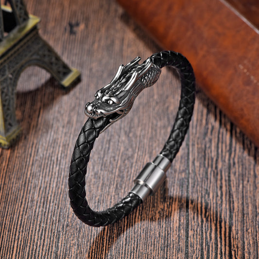 Factory Wholesale European And American Personality Zodiac Dragon Bite Tail Bracelet Leather Rope Woven Men's Stainless Steel Faucet Leather Bracelet