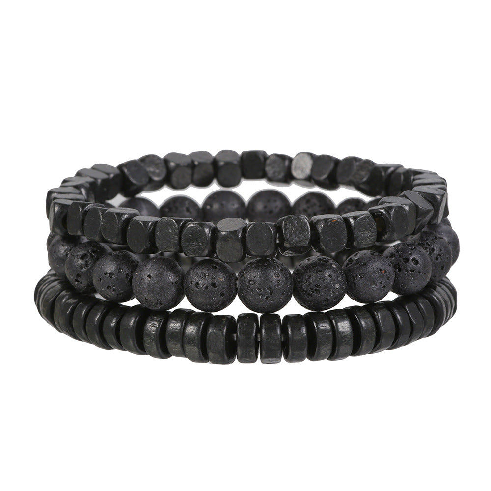 Volcanic Stone Black Frosted Black Gallstone Wooden Beads Bracelet Set Combination Hip-hop European And American Internet Red Style Elastic Bracelet Bracelet String