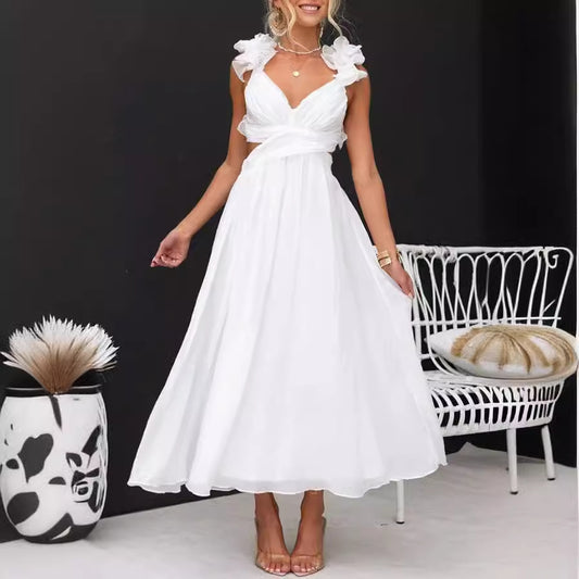 Cross-border Foreign Trade Independent Station 2024 New European And American Summer Sexy Sleeveless Solid Color Strap Pleated Skirt Dress Women