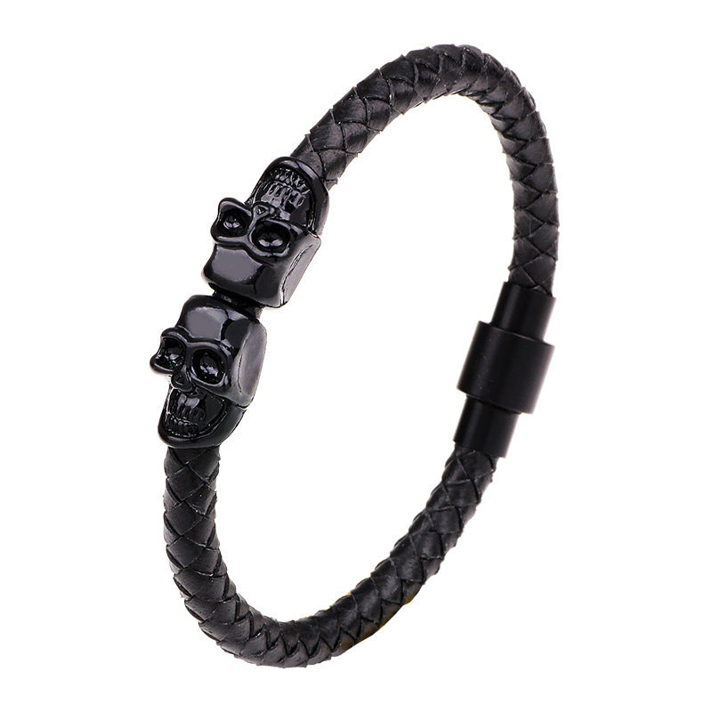 European And American Cross-border Jewelry Supply Woven Leather Bracelet Men's Skull Alloy Bracelet Fashion Jewelry Manufacturer